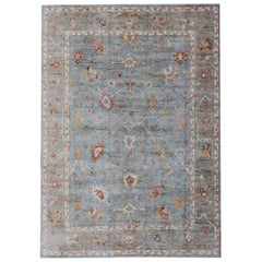 Angora Turkish Oushak Rug in Light Blue, Silver and Multi Colors