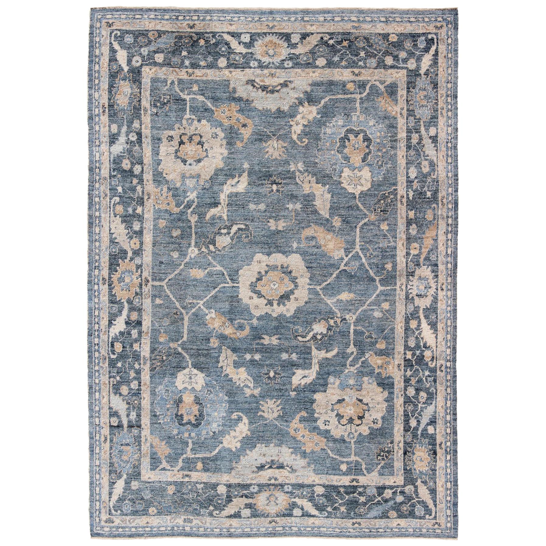 Angora Turkish Oushak Rug in Shades of Blue and Tan