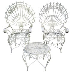 Vintage Charming Pair of Salterini Peacock Fan Back Patio Chairs Table