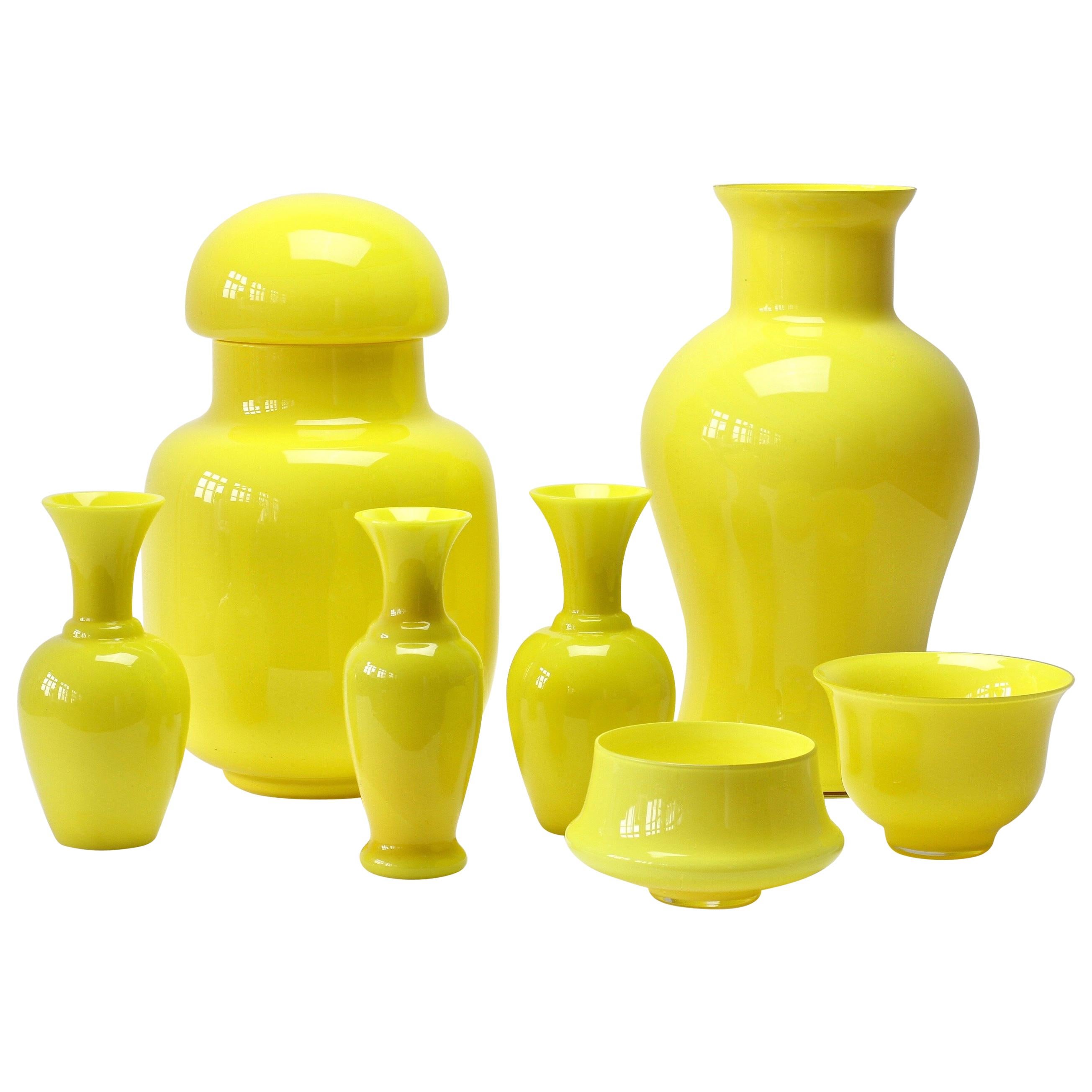 Cenedese Ensemble of Bright Yellow Vintage Italian Murano Art Glass Vases