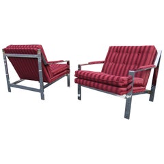 Pair of Milo Baughman Style Chrome Flat Bar Lounge Chairs, Mid-Century Modern