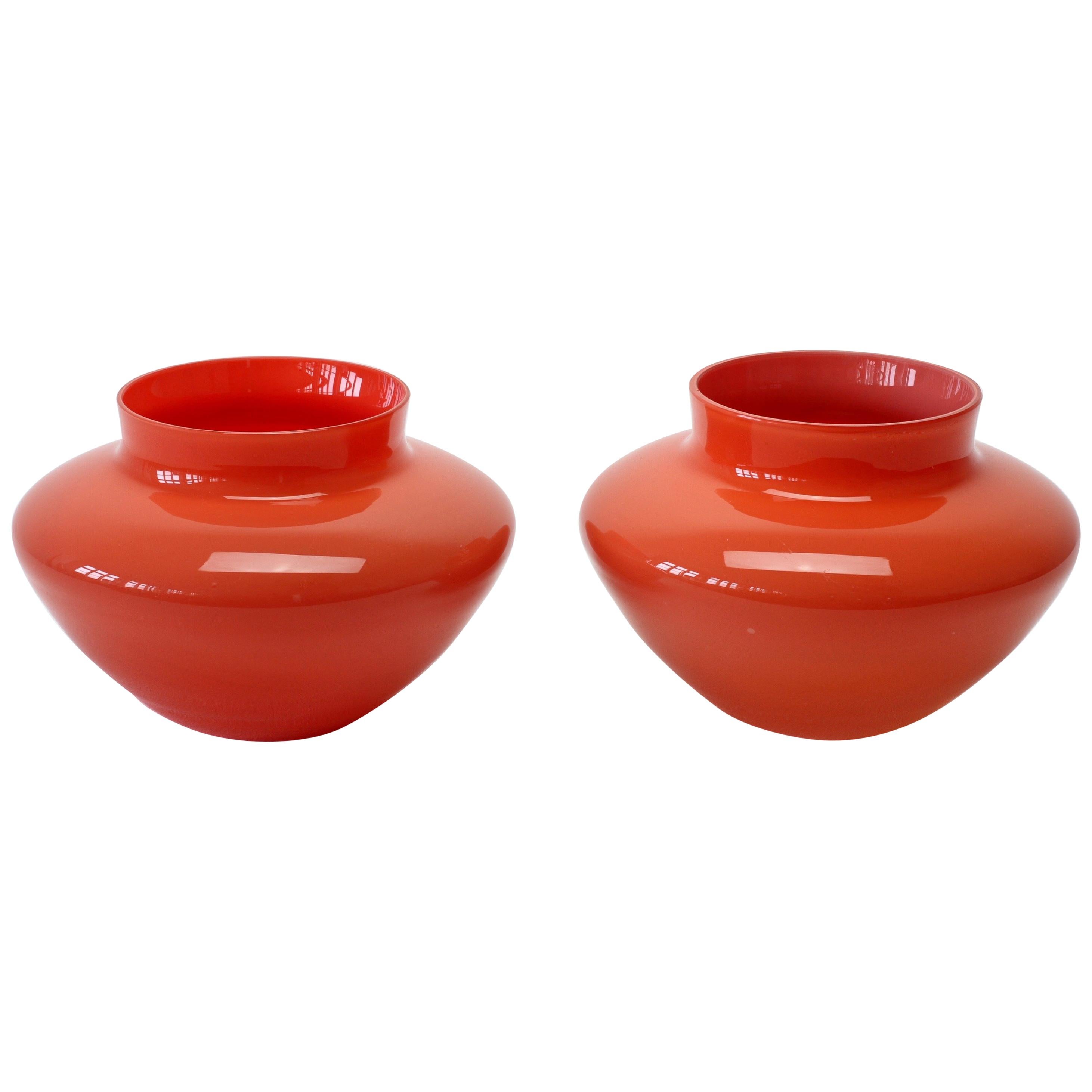 Cenedese Pair of Vintage Italian Red Murano Glass Bowls or Vases, circa 1967