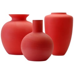 Cenedese Rare Trio of Vintage Italian Red Satin Murano Art Glass Vases