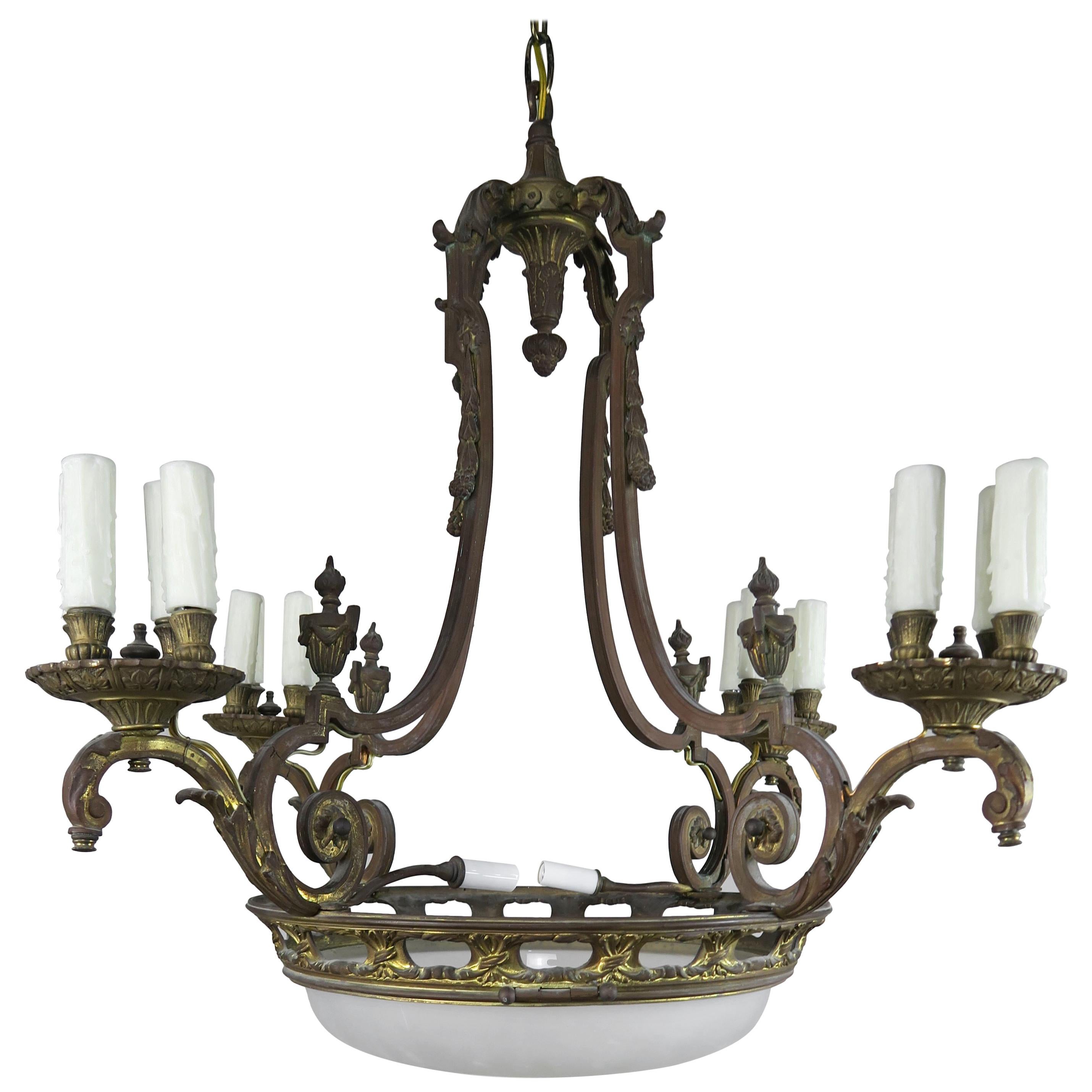 1930s French Bronze and Etched Glass Chandelier