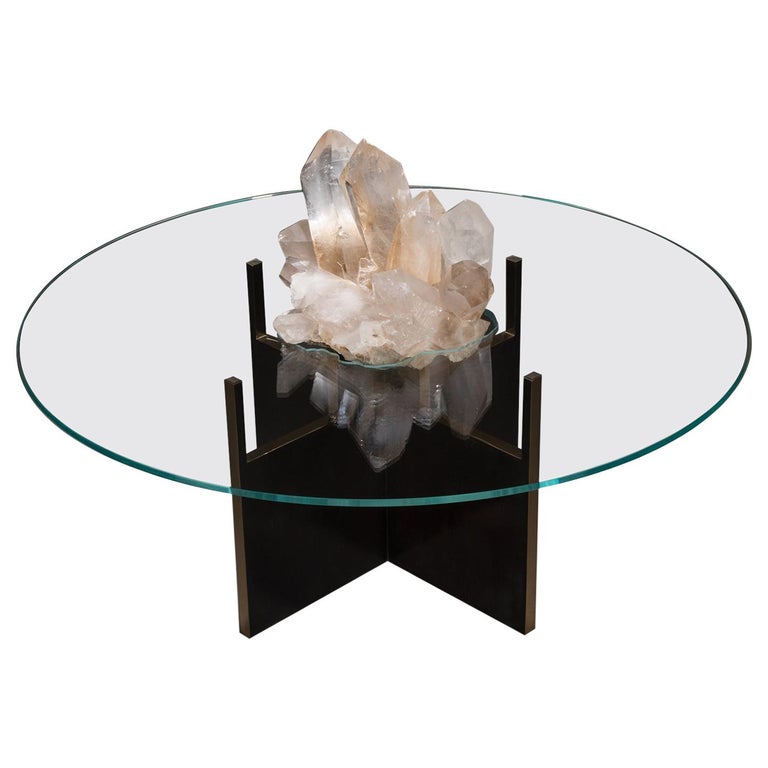 Studio Greytak 'Iceberg Table 4' Himalayan Quartz, Solid Bronze, and Glass Top