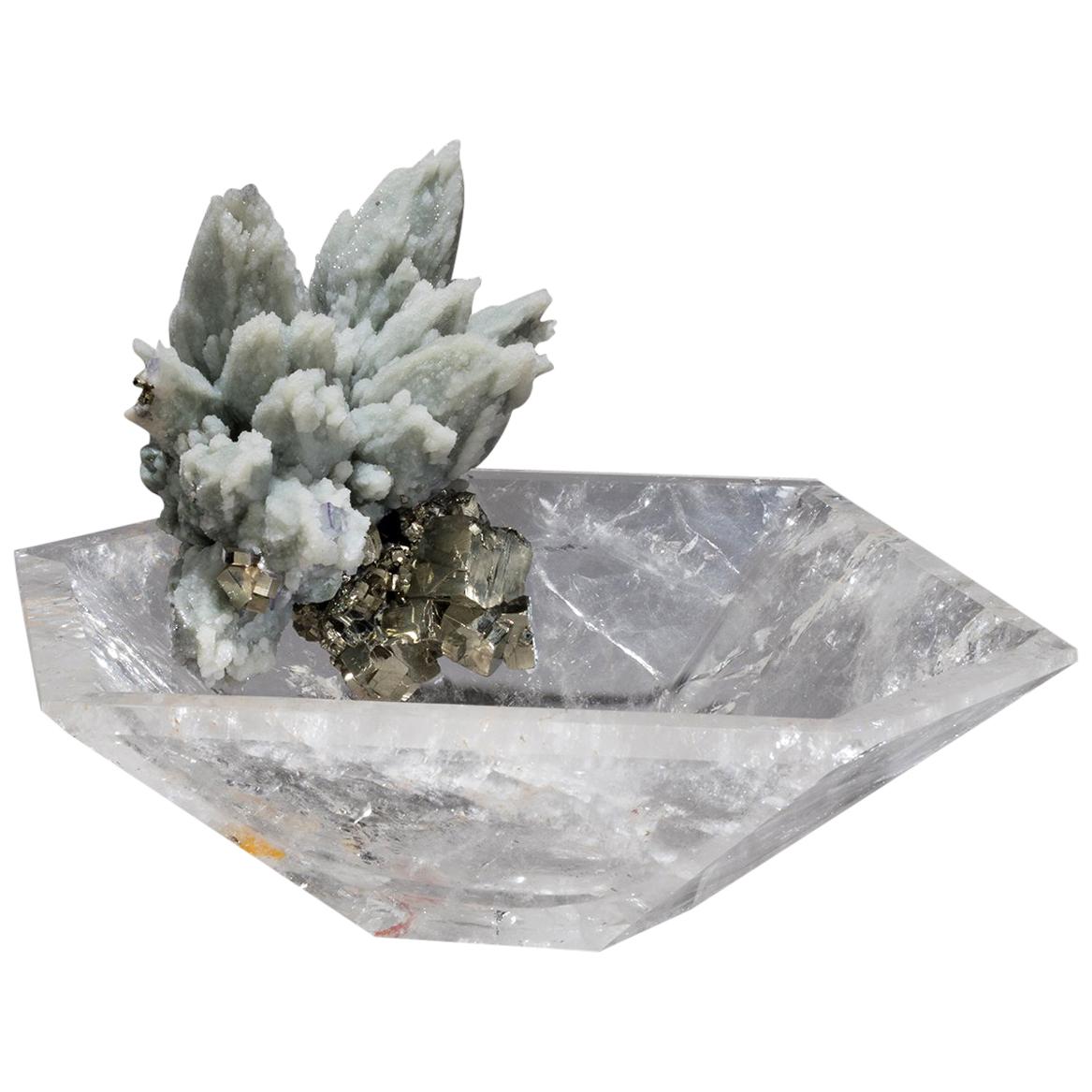 Studio Greytak 'Crystal Bling Bowl 11' Hand Carved Quartz, Blue Quartz, & Pyrite