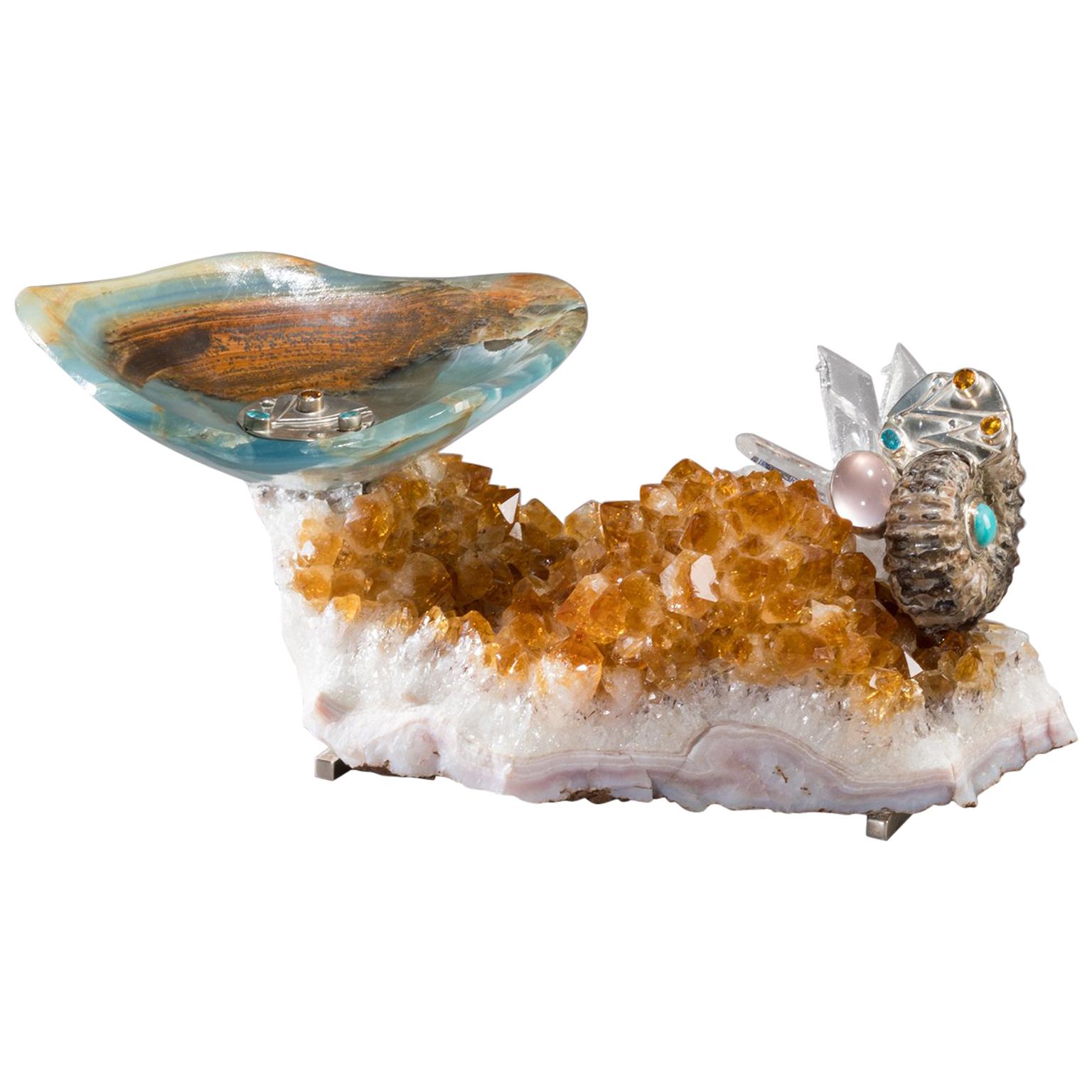 Studio Greytak 'Bling Bowl 5' Rose Quartz, Citrine, Blue Calcite and Ammonite For Sale