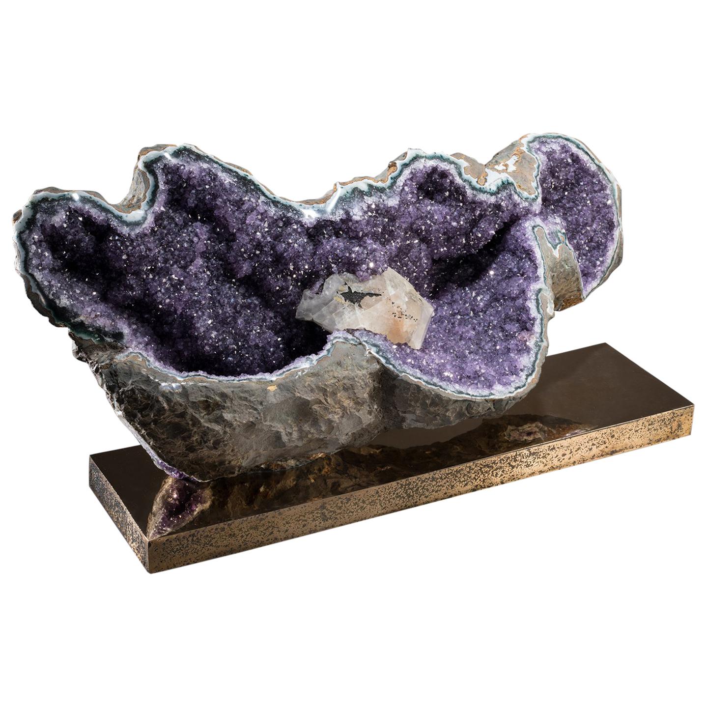 Studio Greytak 'Amethyst on Bronze Base' Purple Amethyst Crystals & Solid Bronze For Sale
