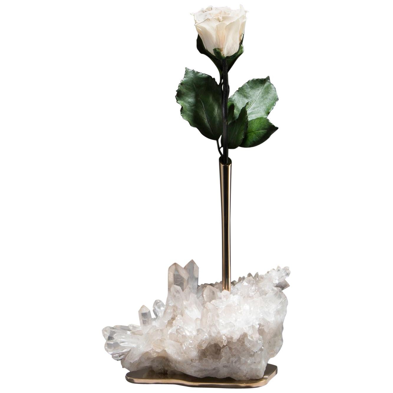 Studio Greytak 'Bud Vase on Himalayan Quartz' Bronze, Clear Quartz & White Rose For Sale