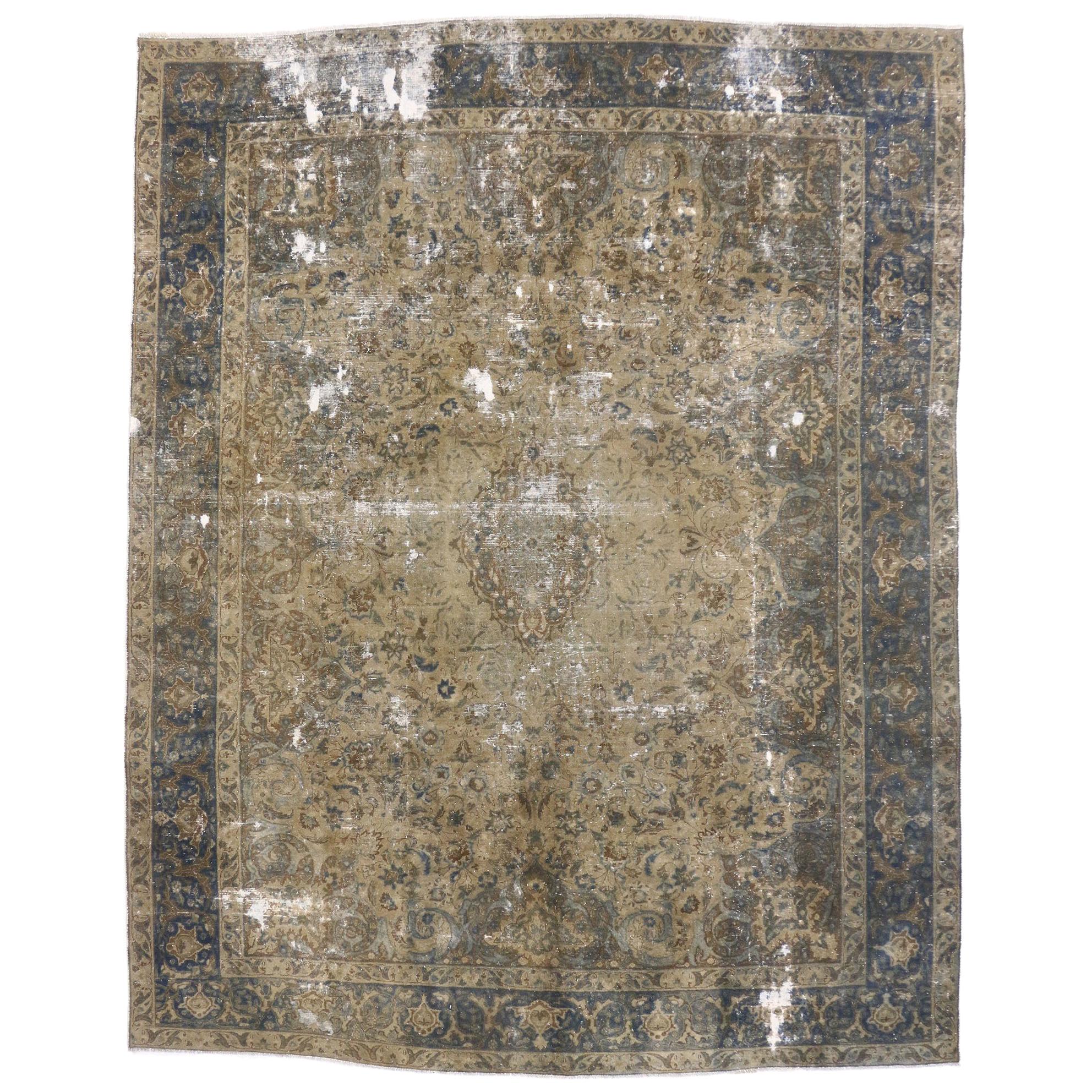 Vintage Distressed Turkish Industrial Area Rug with Rustic Gustavian Style