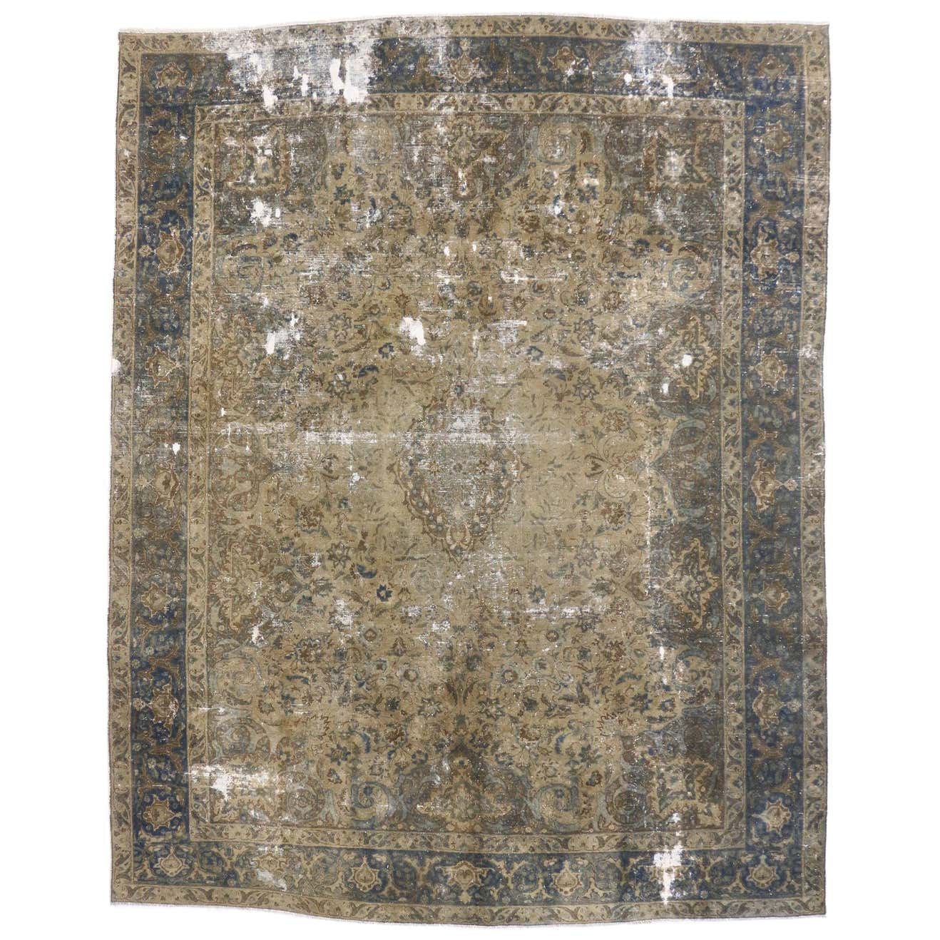 Vintage Distressed Turkish Industrial Area Rug with Rustic Gustavian ...