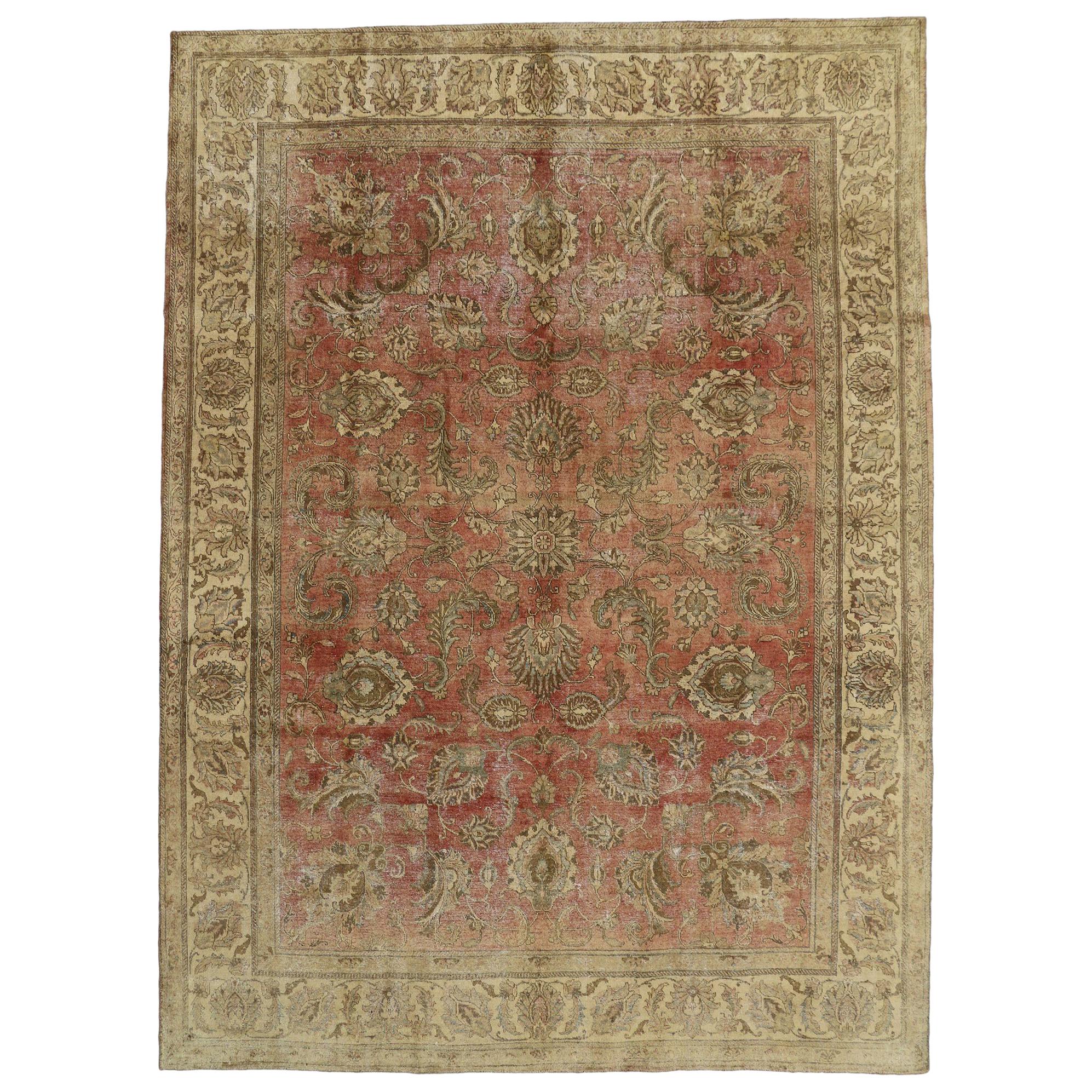 Distressed Vintage Tabriz Persian Rug with Rustic Style
