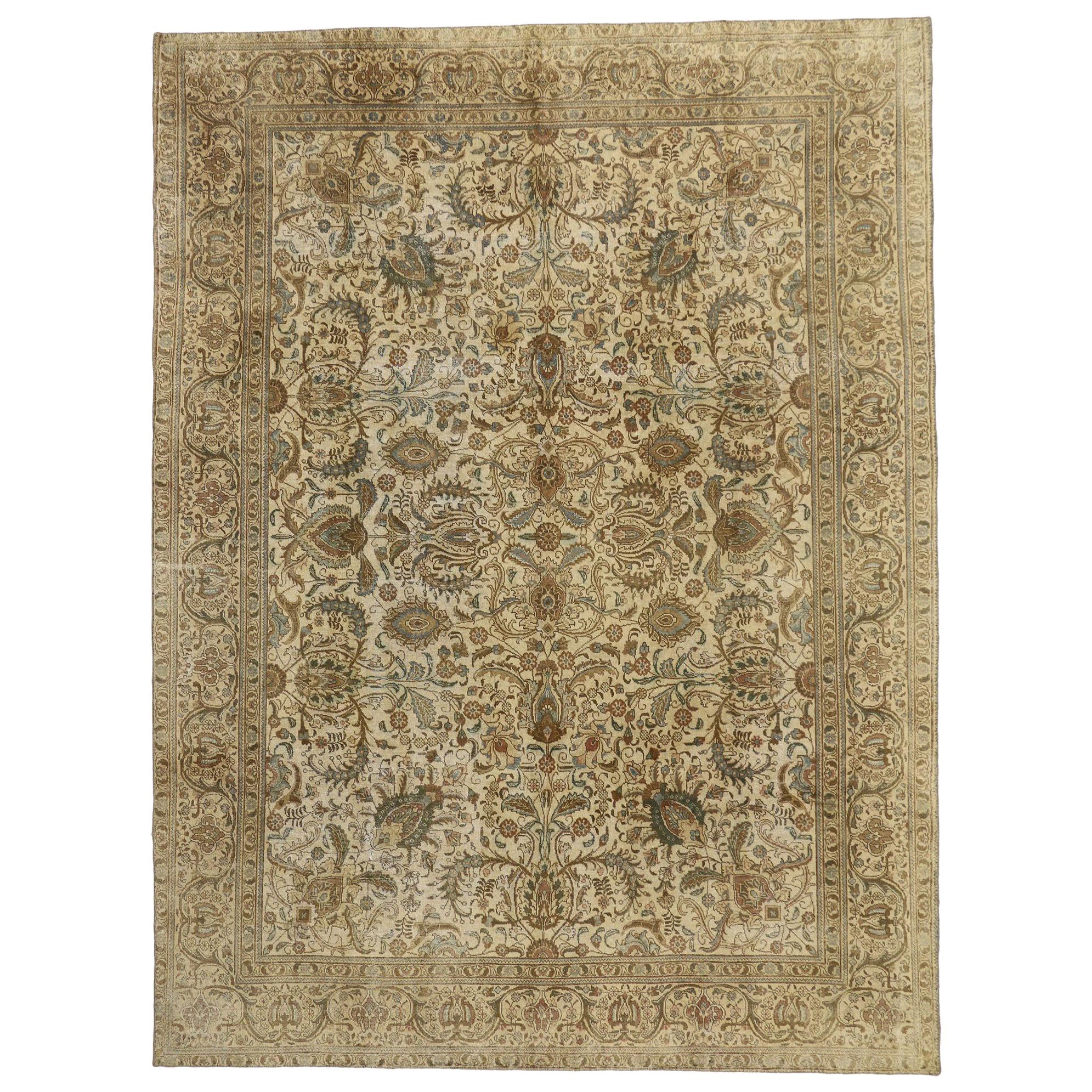 Distressed Vintage Tabriz Persian Rug with Warm, Neutral Colors