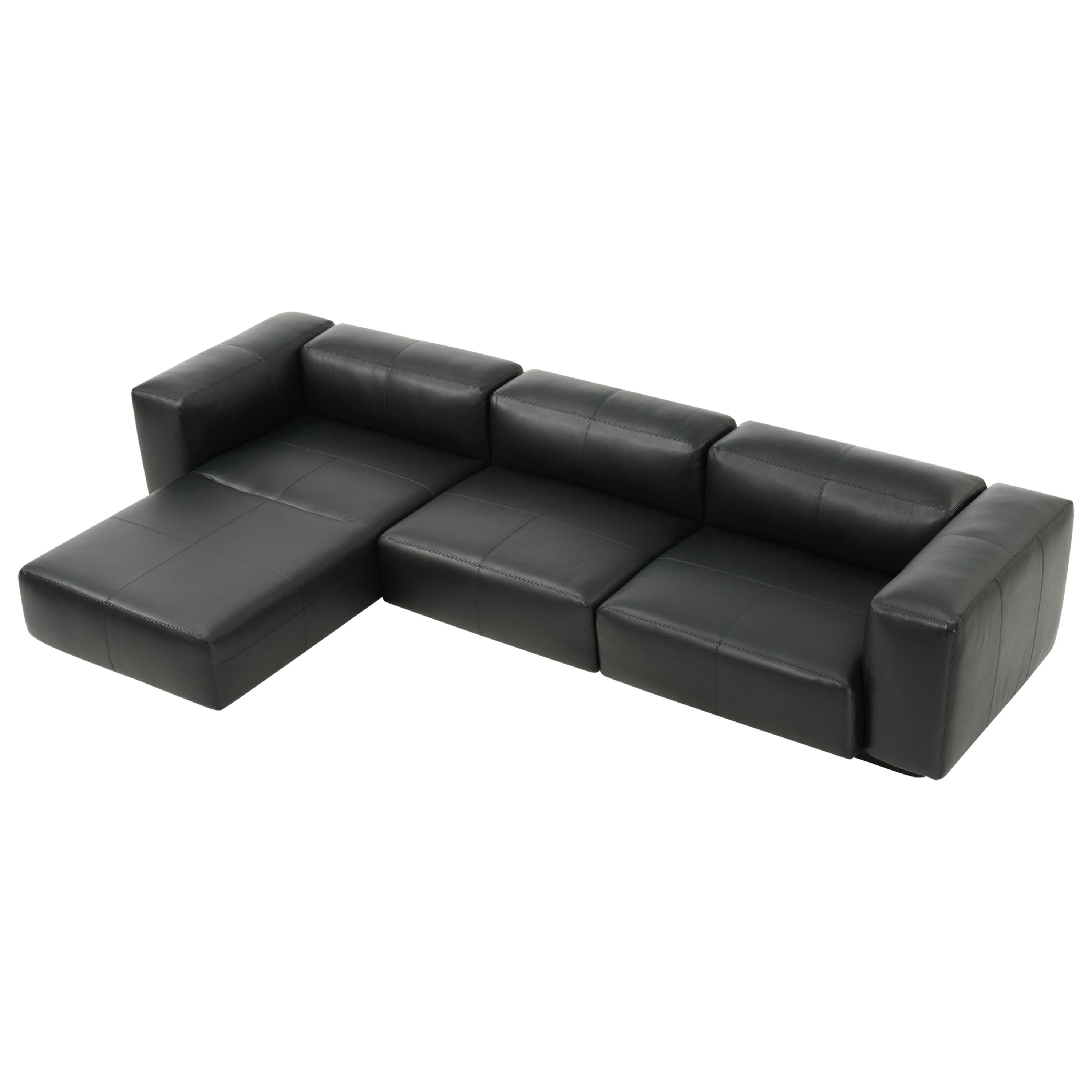 Vitra Soft Modular 3-Seat Sofa with Chaise in Nero Leather by Jasper Morrison For Sale