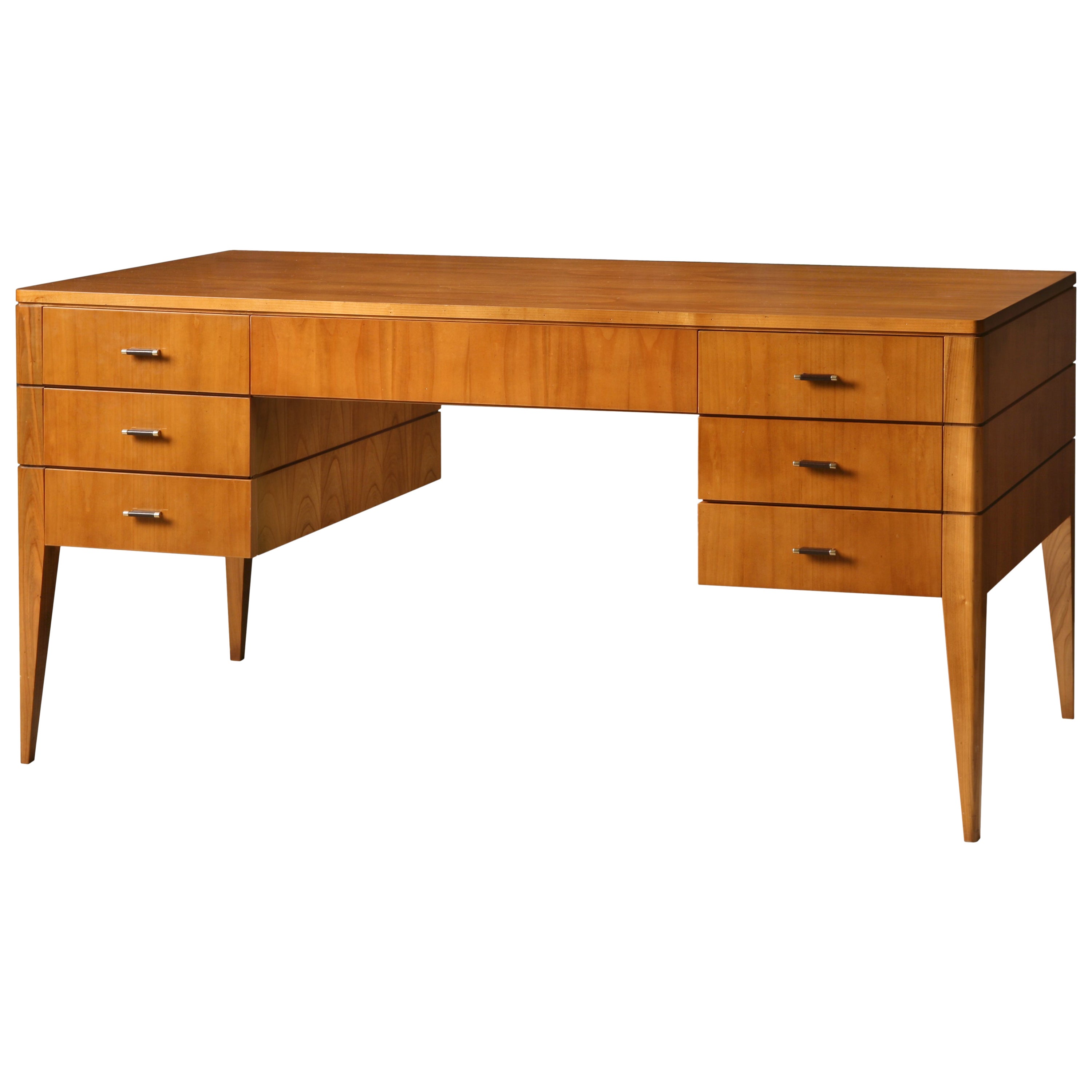 '900 Style Wooden Desk in Cherry Wood with Leather Top and Drawers For