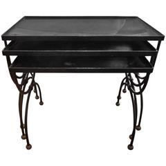 French Royere Style Modernist Iron and Brass Nesting Tables with Mirrored Tops 11