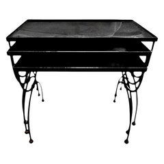 French Iron and Brass Nesting Tables with Mirrored Tops