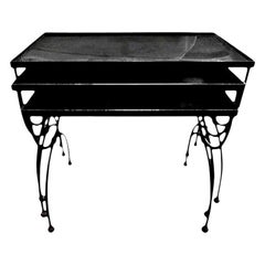 French Iron and Brass Nesting Tables with Mirrored Tops