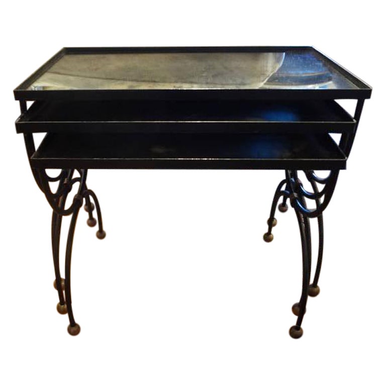 French Iron and Brass Nesting Tables with Mirrored Tops For Sale