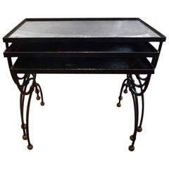 French Iron and Brass Nesting Tables with Mirrored Tops