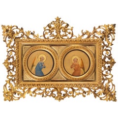 Antique Italian Panel of Two Angels in an Ornate Giltwood Frame