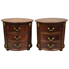Pair of Maitland Smith Oval Inlaid 3-Drawer Nightstands Commode End Tables