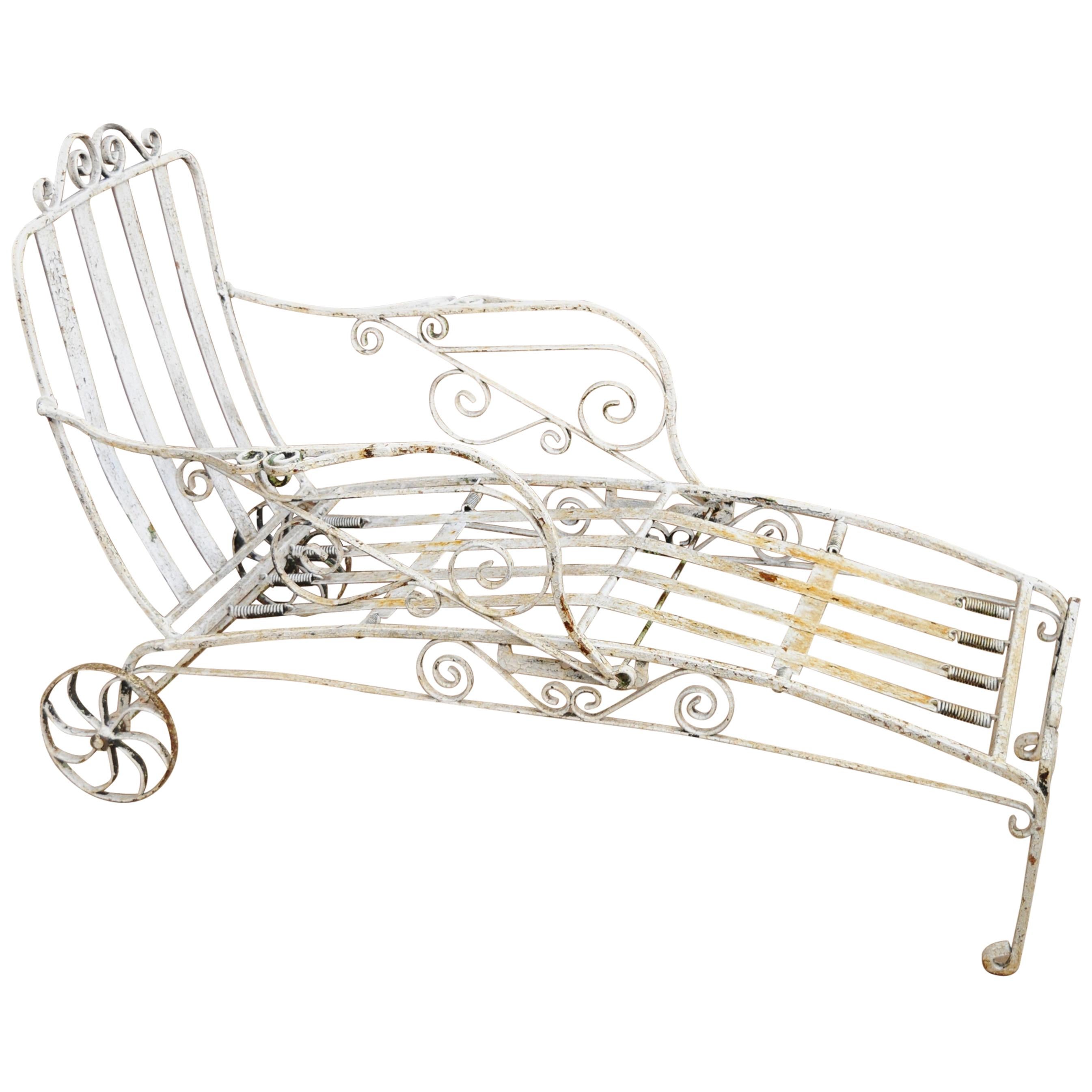 Antique Saltertini Fancy Wrought Iron Art Nouveau Reclining Chaise Lounge Chair