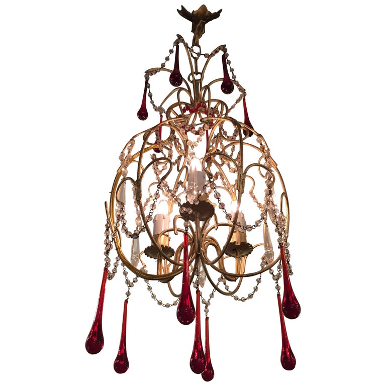 Italian Three Light Cage Chandelier With Red Crystal Drops 1970s Italian Three Light Cage Chandelier With Red Crystal Drops 1970s For