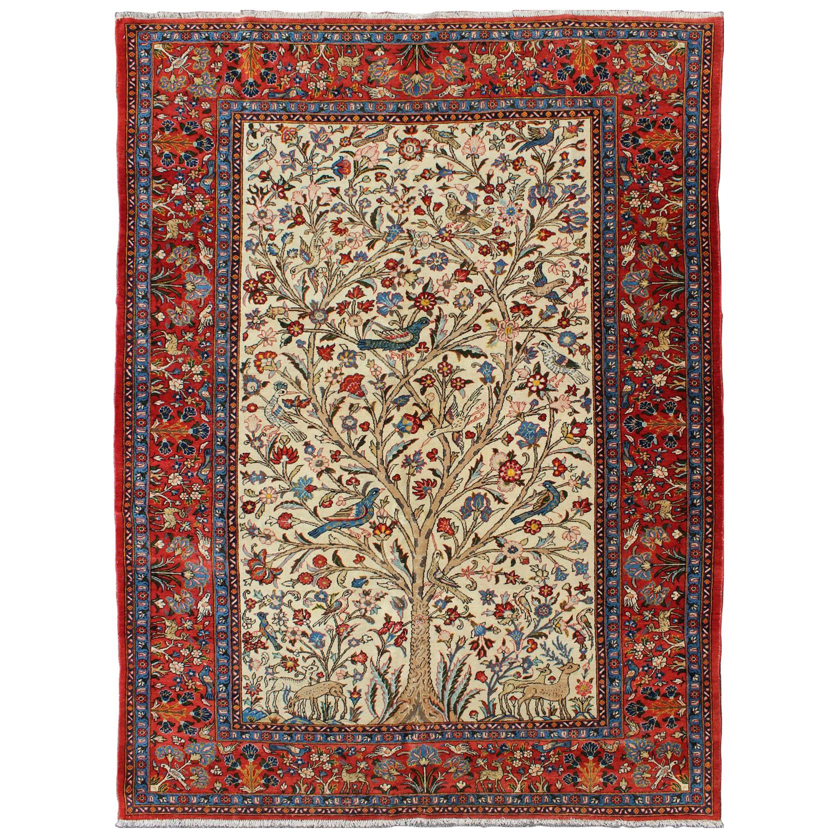 Fine Persian Qum Rug with Detailed All-Over Floral and Bird Design