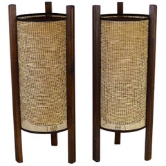 Vintage Asian Modern 1950s Noguchi Style Pair of Raffia and Wood Table Lamps