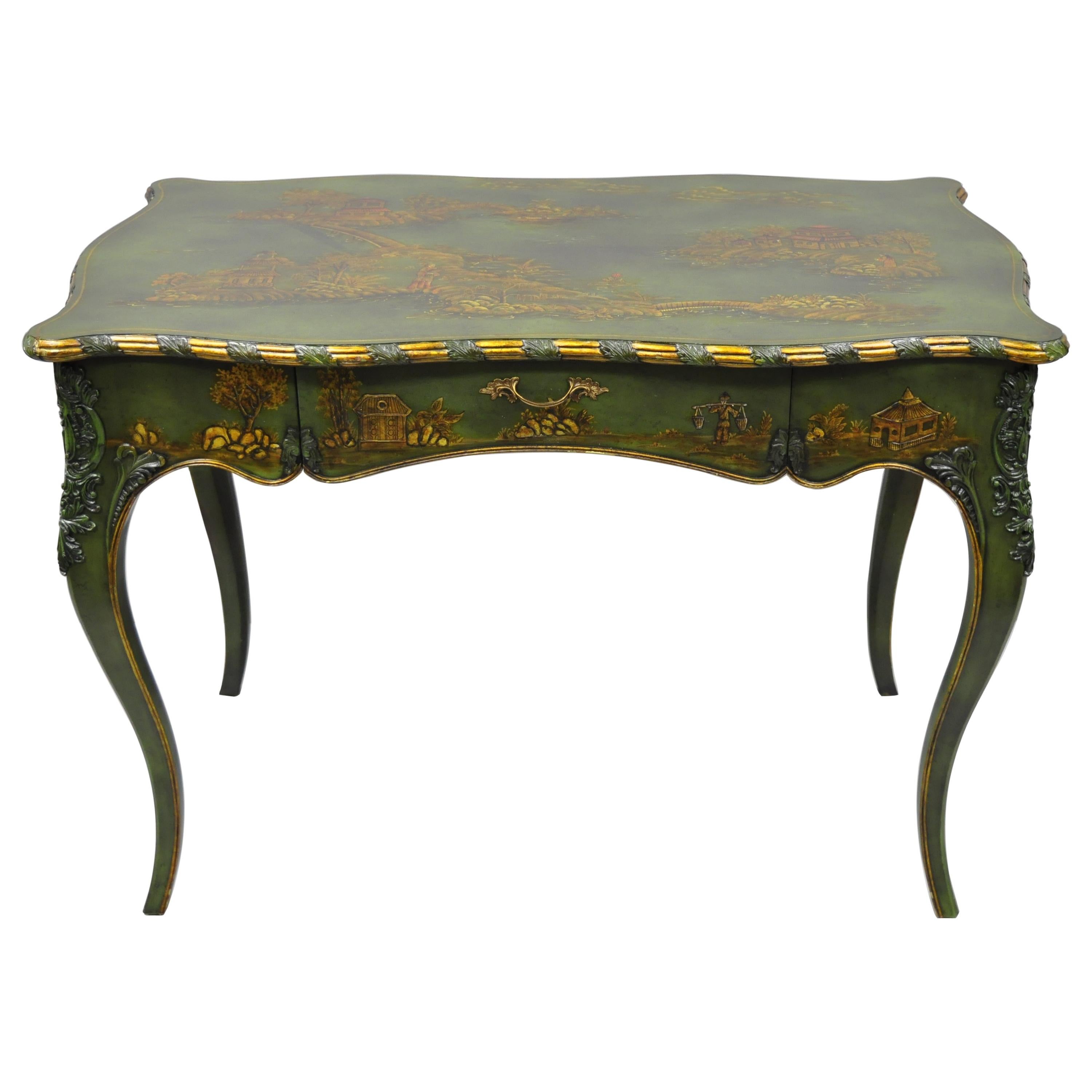 Maitland-Smith Green Hand Painted Chinoiserie French Louis XV Style Desk