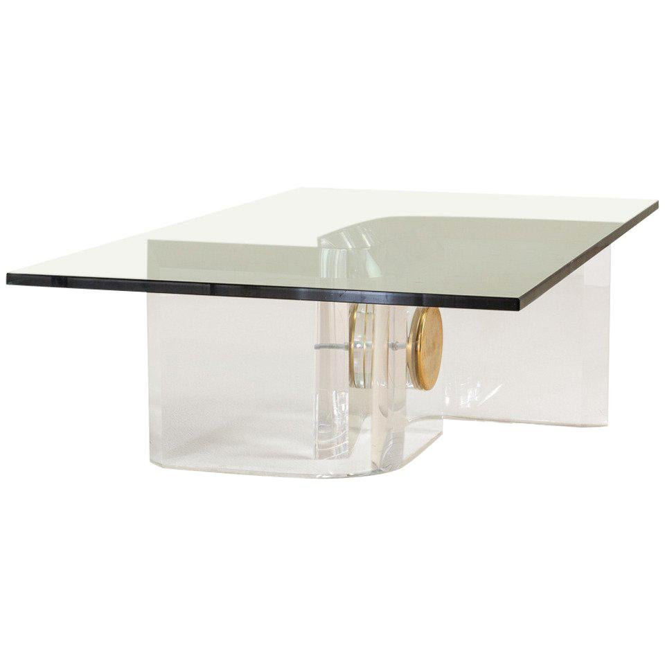 Heavy Lucite and Brass Bolt Detail Coffee Table, 1970s For Sale