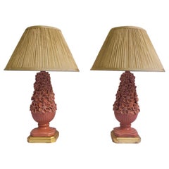 Set of 2 Ceramic Manises Flower Table Lamps in Salmon Color, 1950s