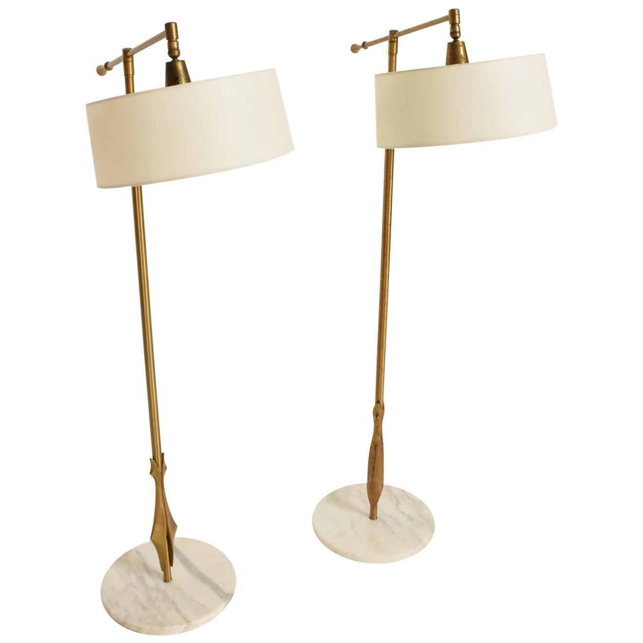 Rare Pair of Floor Lamps by Gerald Thurston with Original Shade and Marble Base