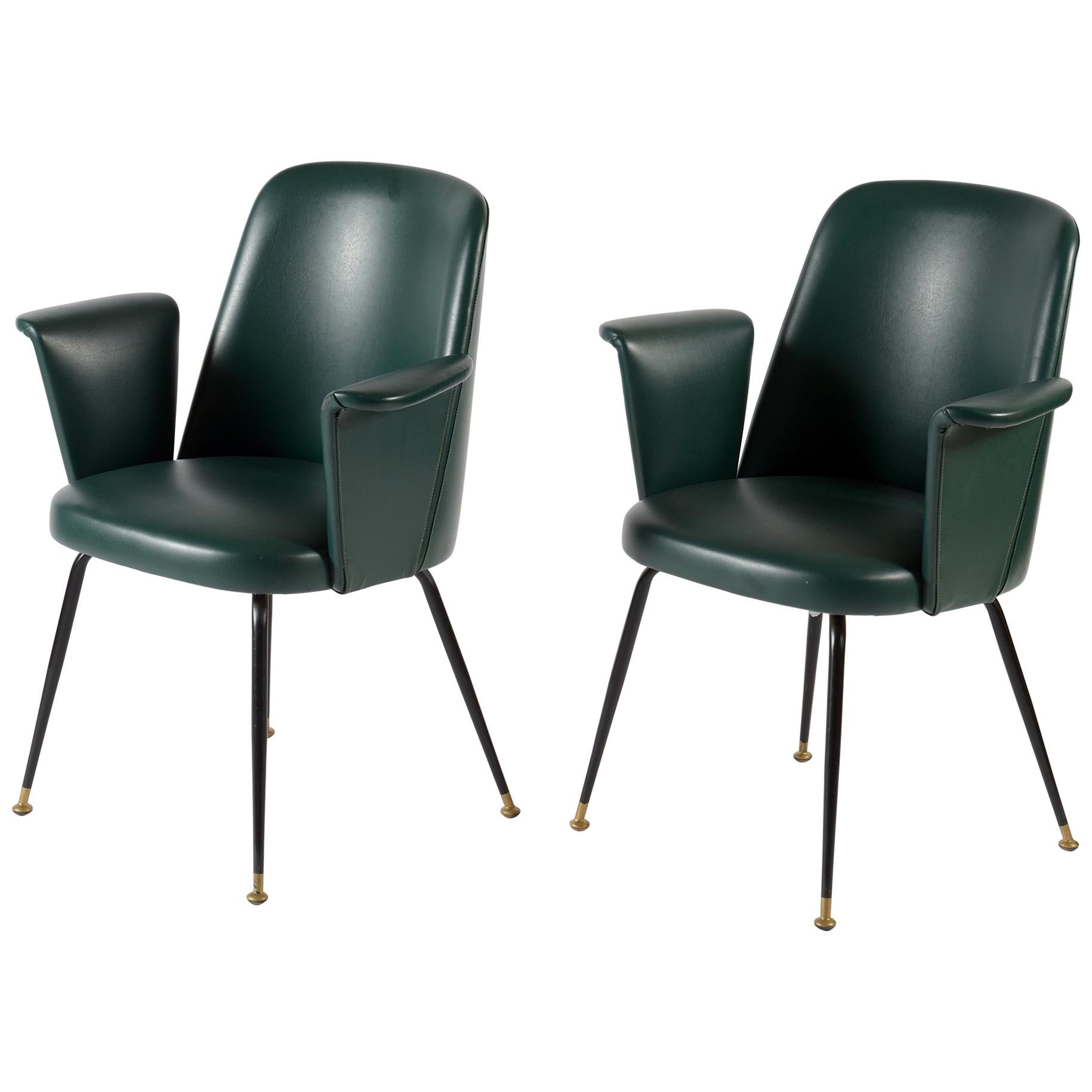 Midcentury Italian Pair of Chairs Brass Leggs Green Original Leatherette, 1950s