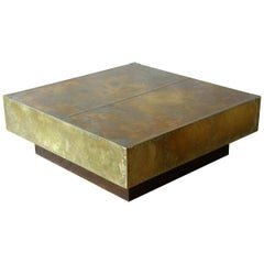 Square Brass Clad and Riveted Coffee Table on Plinth Base Attributed to Sarreid