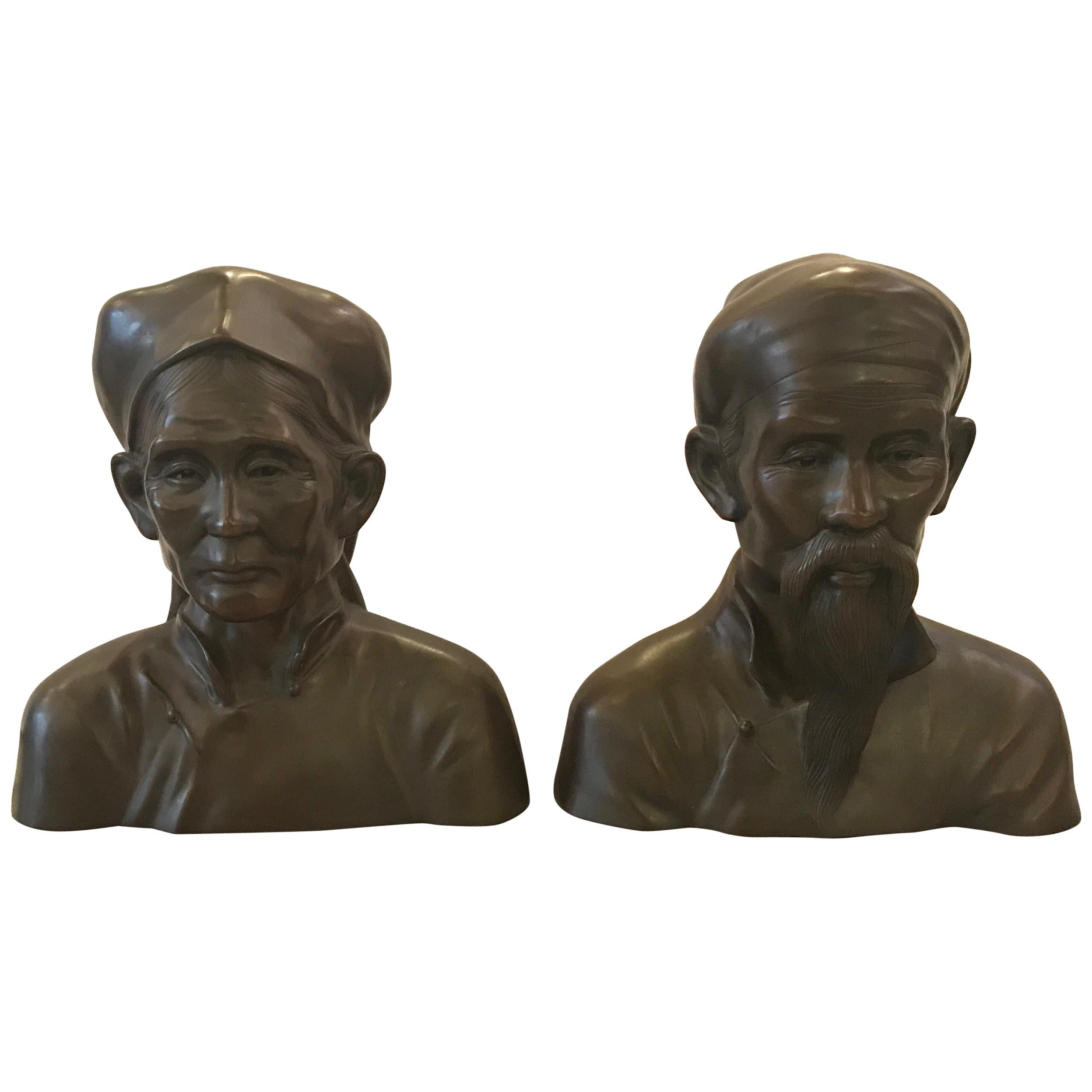 Pair of French Bronze Busts of an Elderly Chines Couple