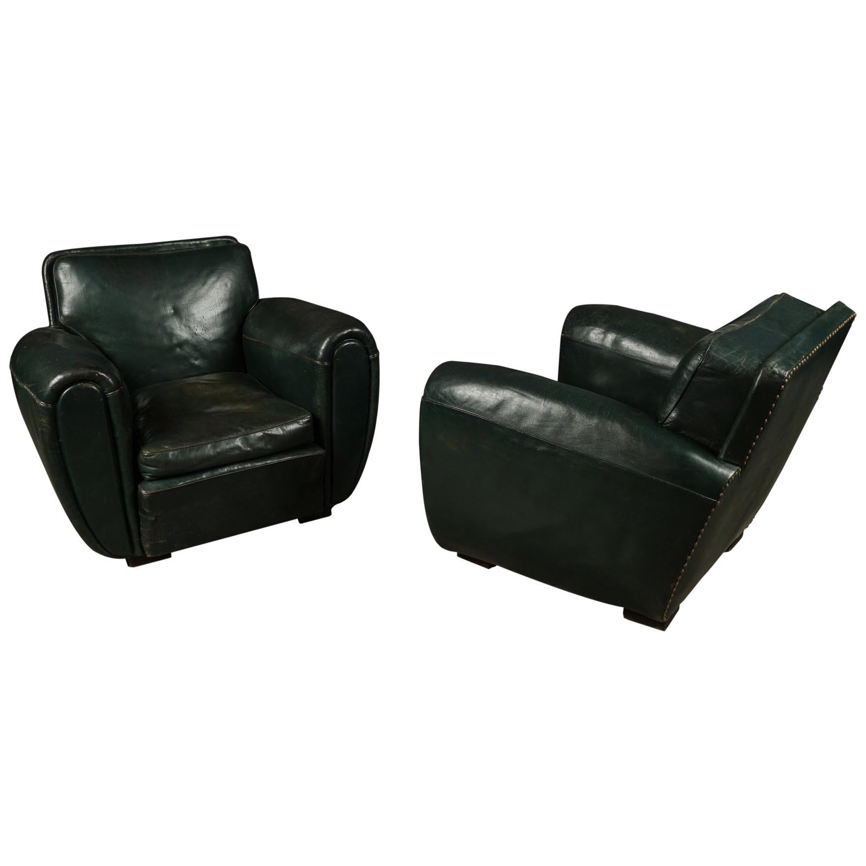 Rare Pair of Leather Club Chairs from France, circa 1950