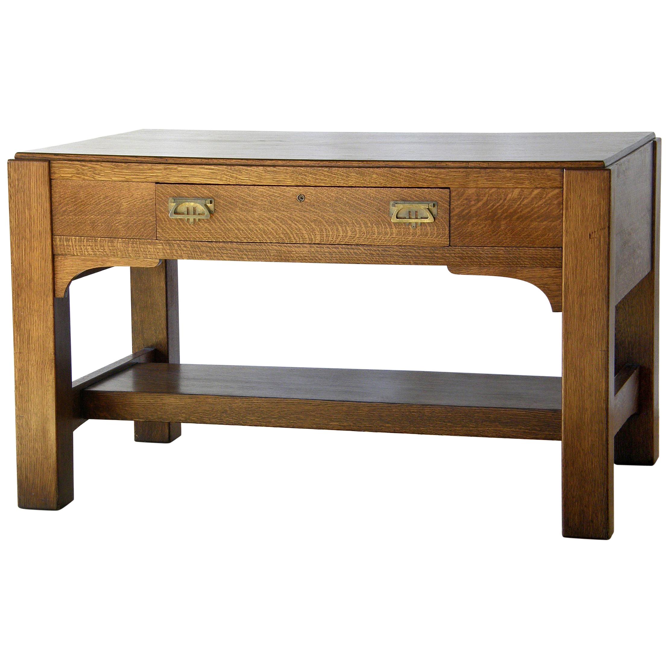 Arts and Crafts Mission Oak Library Table Desk with Drawer and Brass Hardware