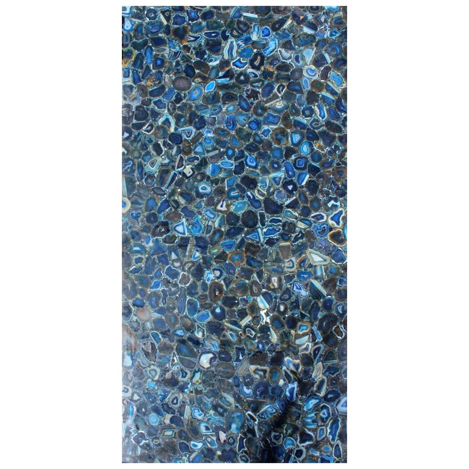 1990s Handmade Blue Agate Semi-Precious Stone Table Top