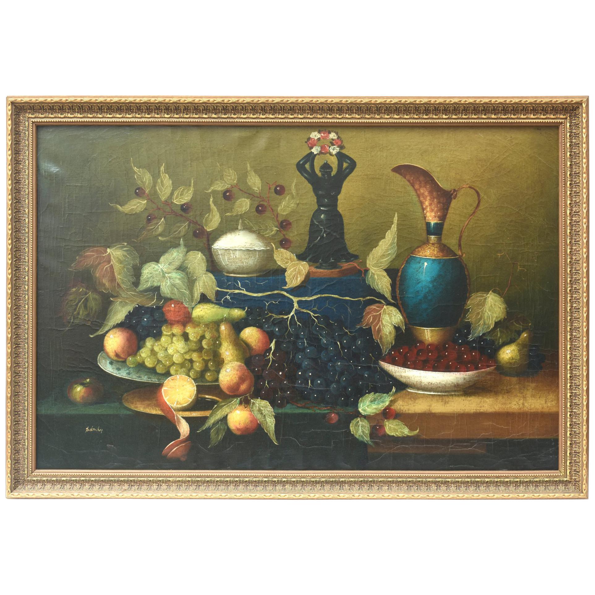 Large Antique Oil Painting Still Life, Signed Sanchez