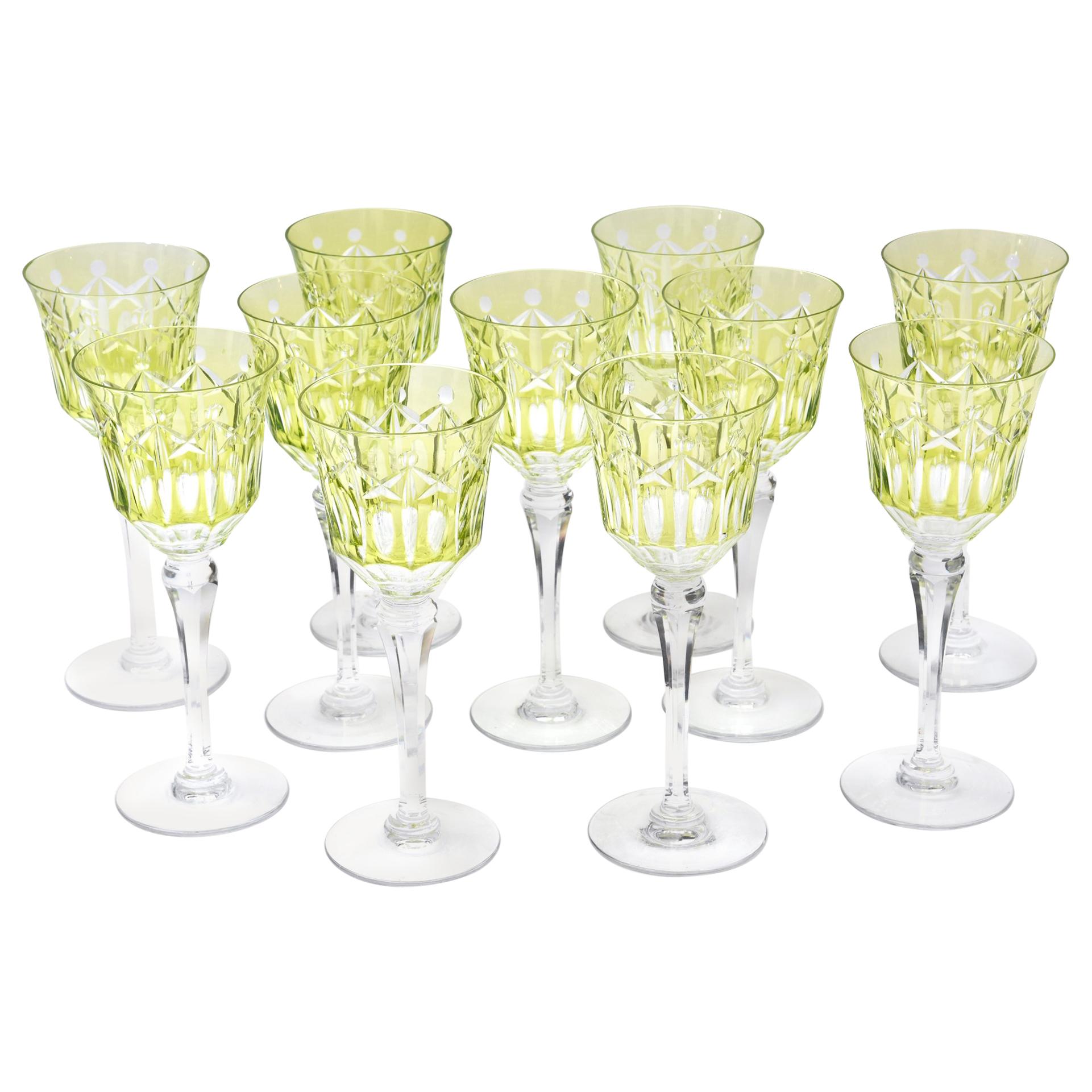Set of 11 Crystal Wine Glasses, Great Chartreuse Color, Vintage