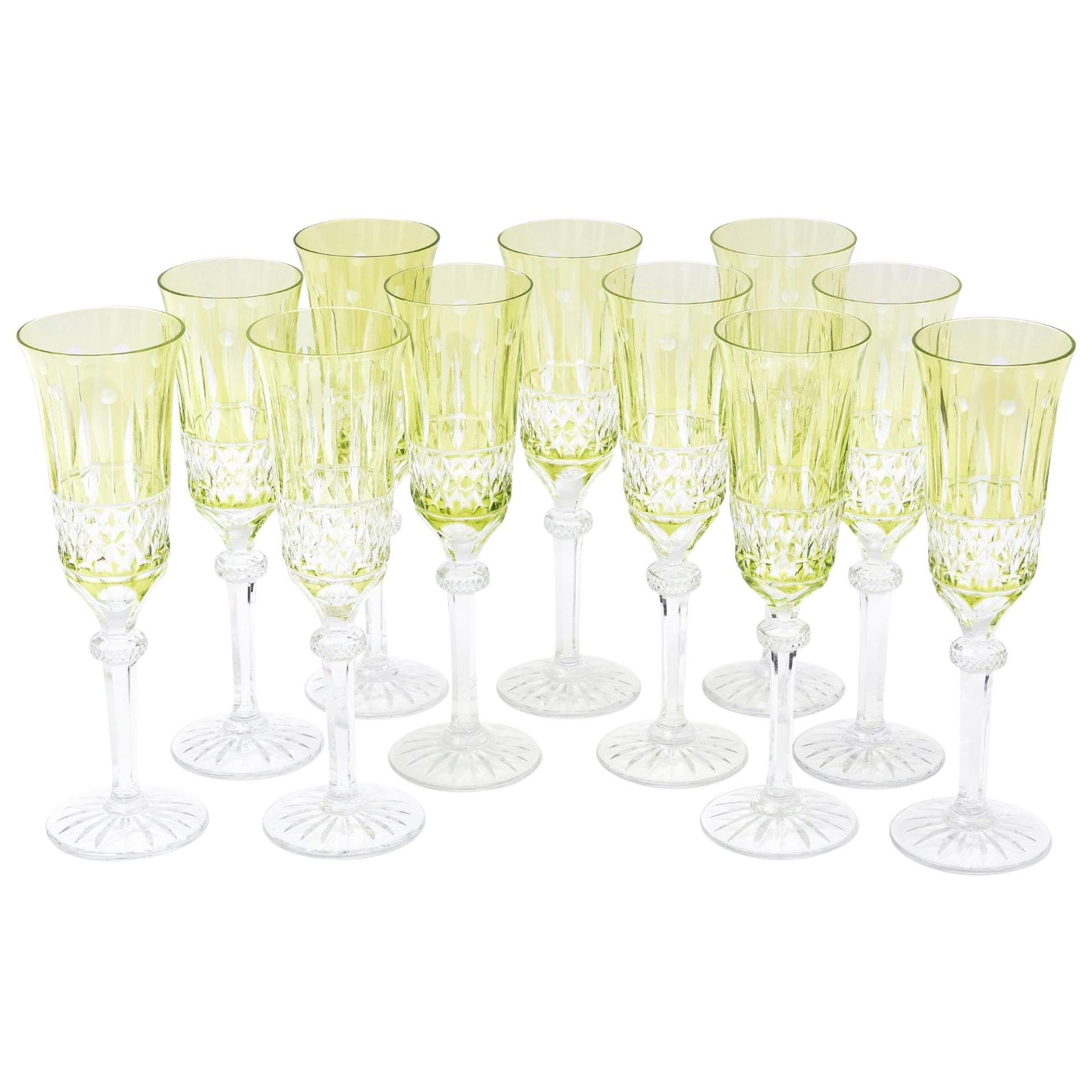 11 Champagne Flutes, Cut Crystal Vintage, Great Chartreuse Color