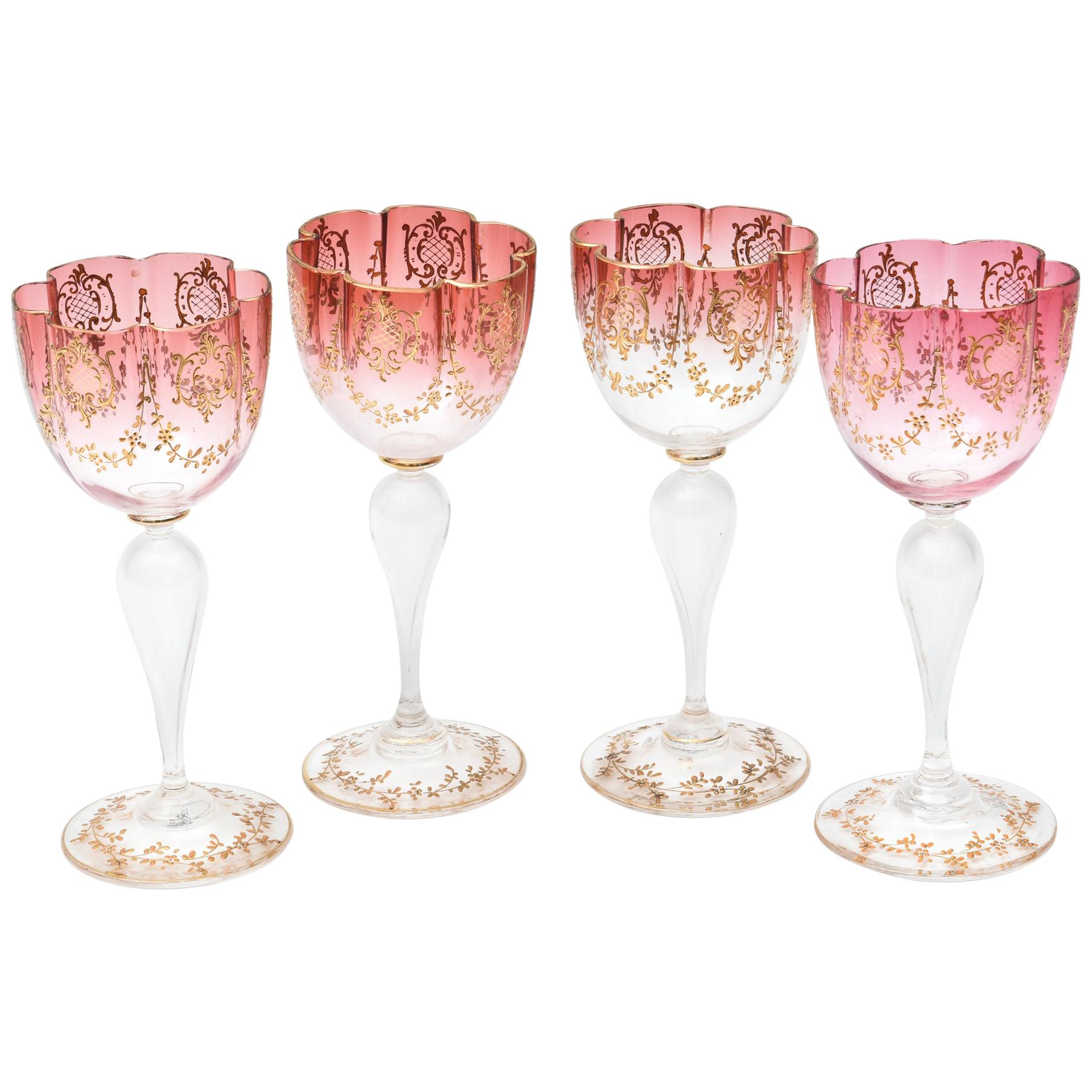 Set of 4 Elaborate Antique Moser Ruby Gilt Wine Goblets