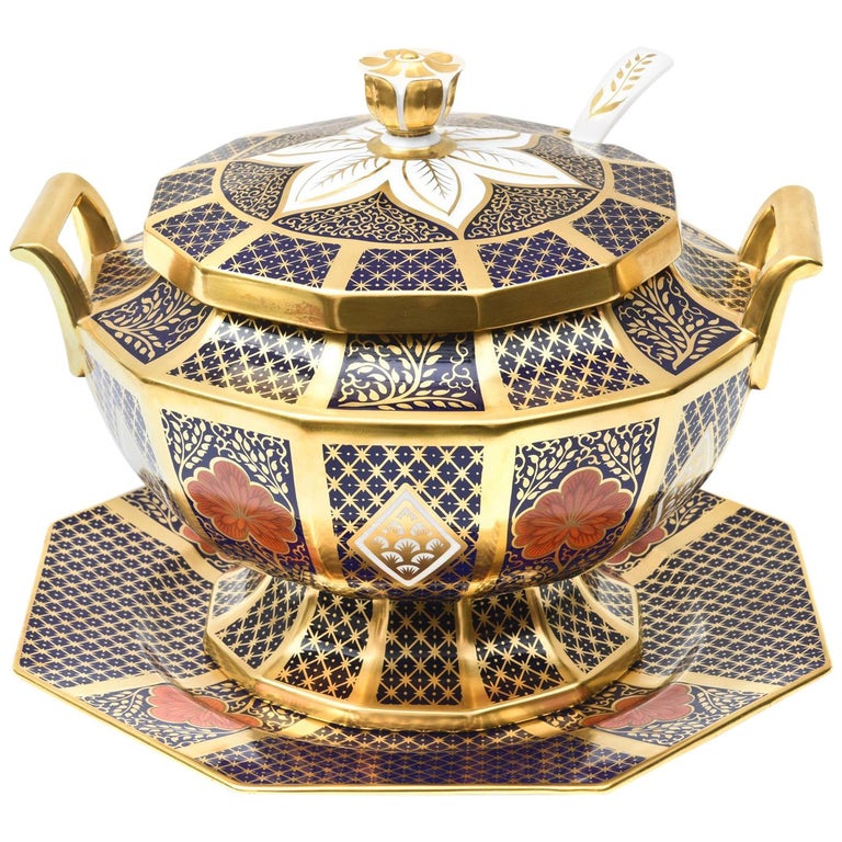English Porcelain Imari Pattern Tureen with Underplate, Vibrantly ...