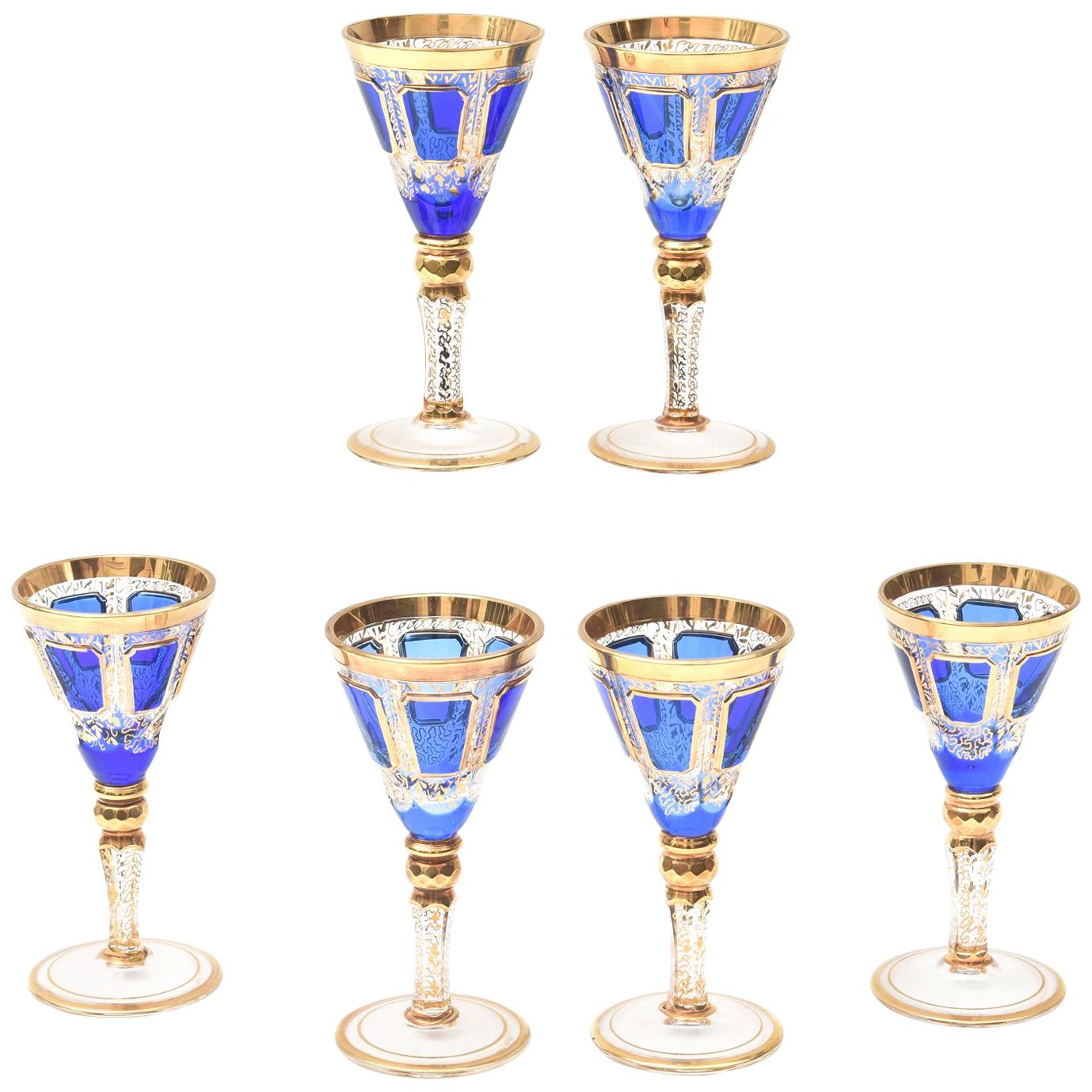6 Antique Moser Cordial Glasses, Cobalt Blue Hand Trimmed Gold