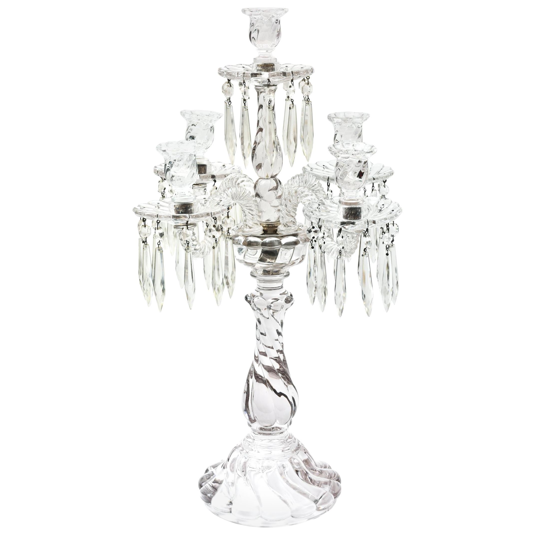Baccarat Style Tall Crystal Candelabra, 4 Arms and Central Stem, Original Prisms