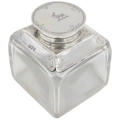 Antique Glass Inkwell with Sterling Silver Lid and Collar, 1894