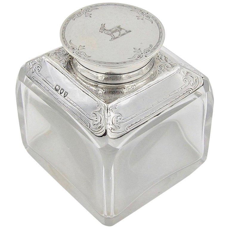 Silver Inkwell Antique Glass Inkwell with Sterling Silver Lid and Collar, 1894 at 1stDibs