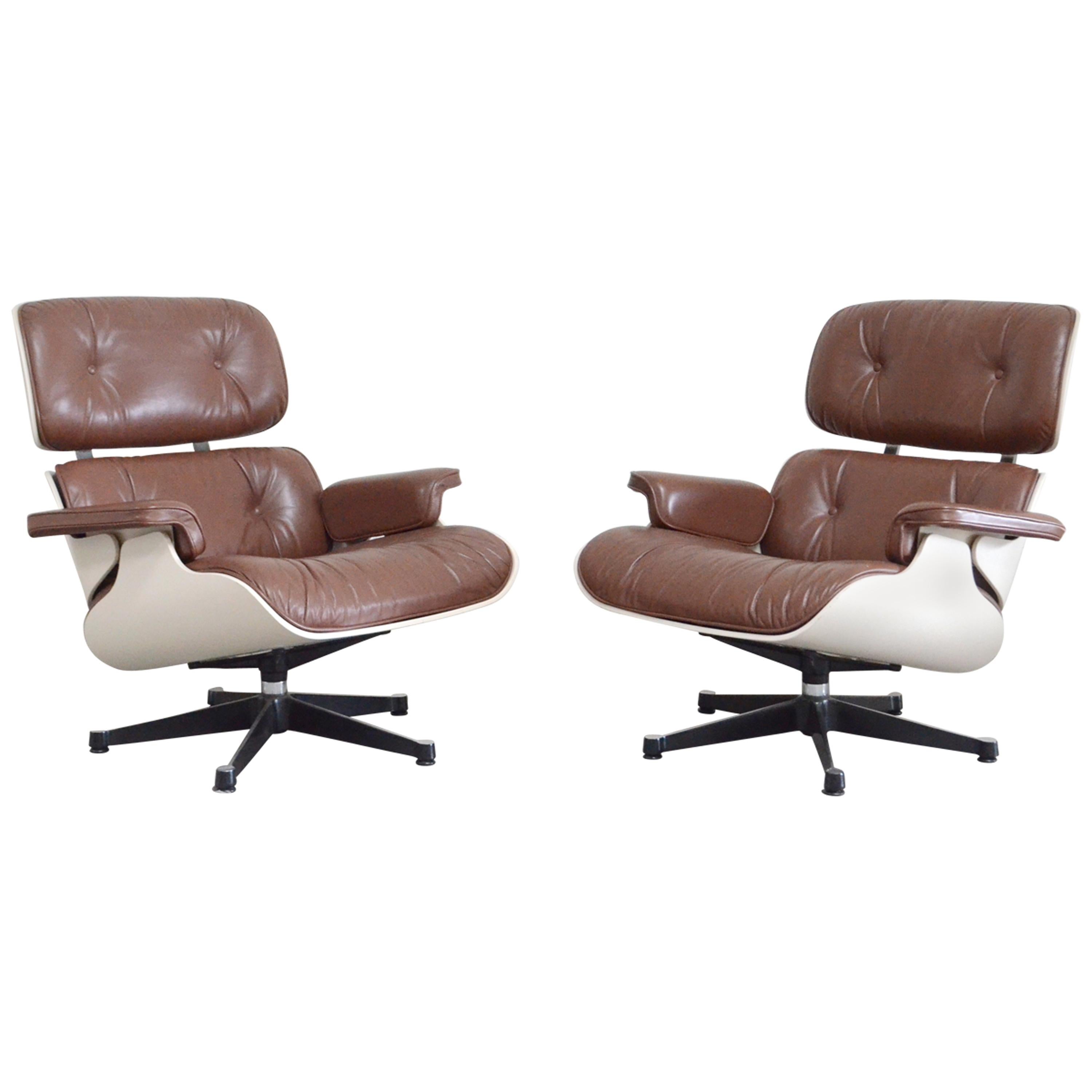 Vitra Eames Lounge Chair Cognac Brown and White Shell, Set of 2 For Sale